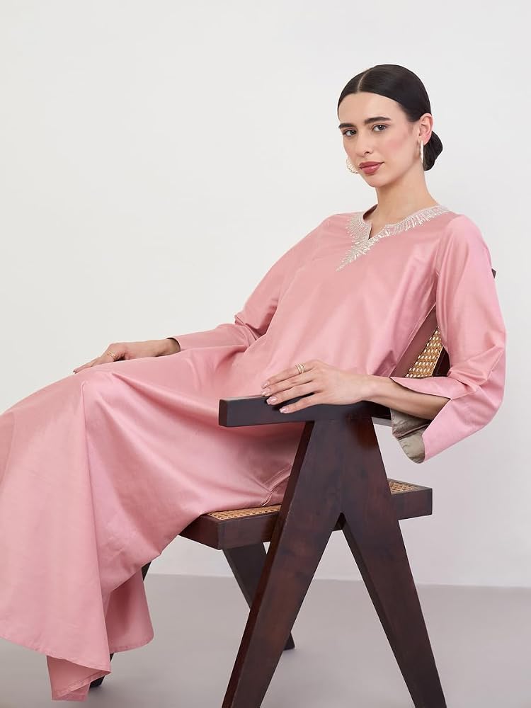Styli Amirah Pink Jalabiya with Zari Embroidery,Pink,S - Image 1