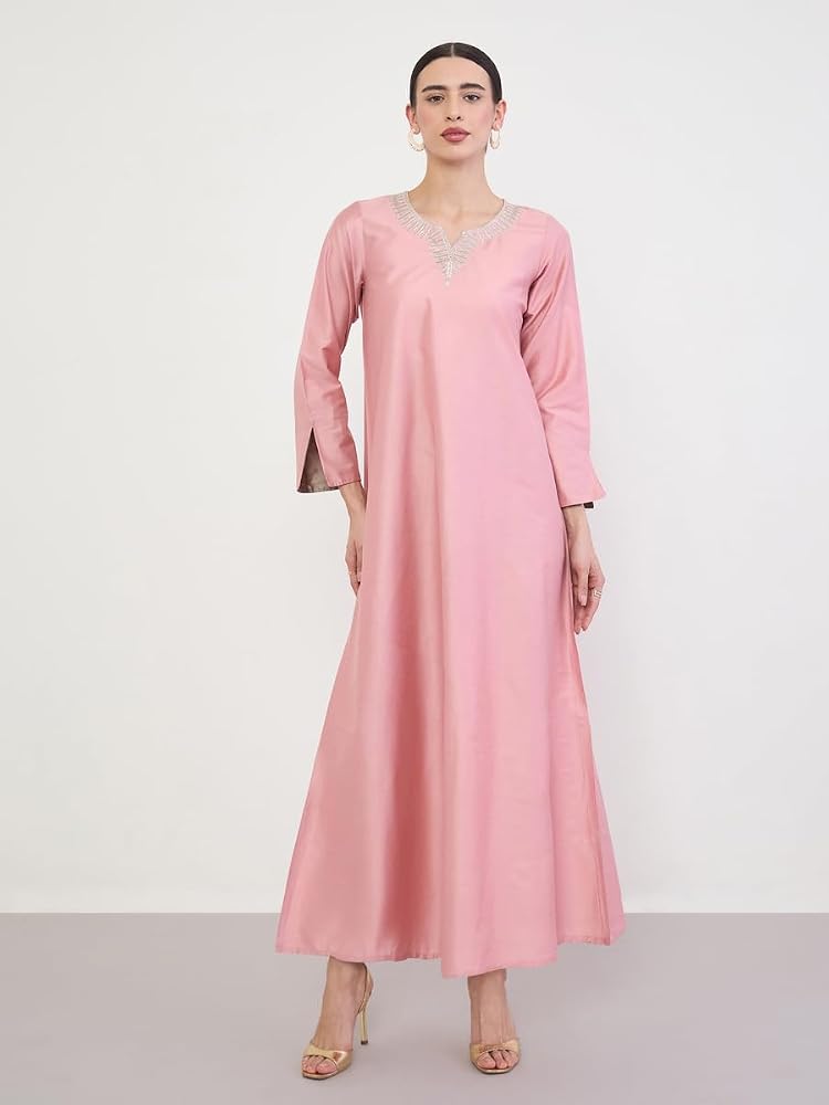 Styli Amirah Pink Jalabiya with Zari Embroidery,Pink,S - Image 3