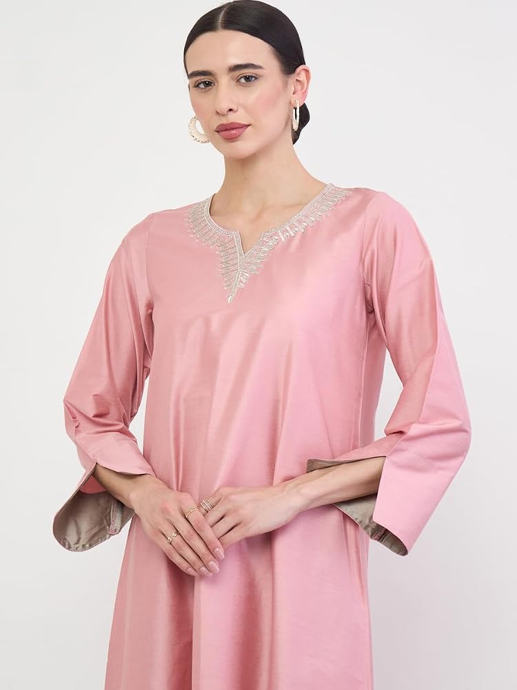 Styli Amirah Pink Jalabiya with Zari Embroidery,Pink,S - Image 4