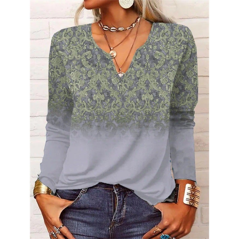 2025 Spring Loose Long Sleeve Flower Mang V-neck T-shirt Base Shirt Women's Wear - Image 1