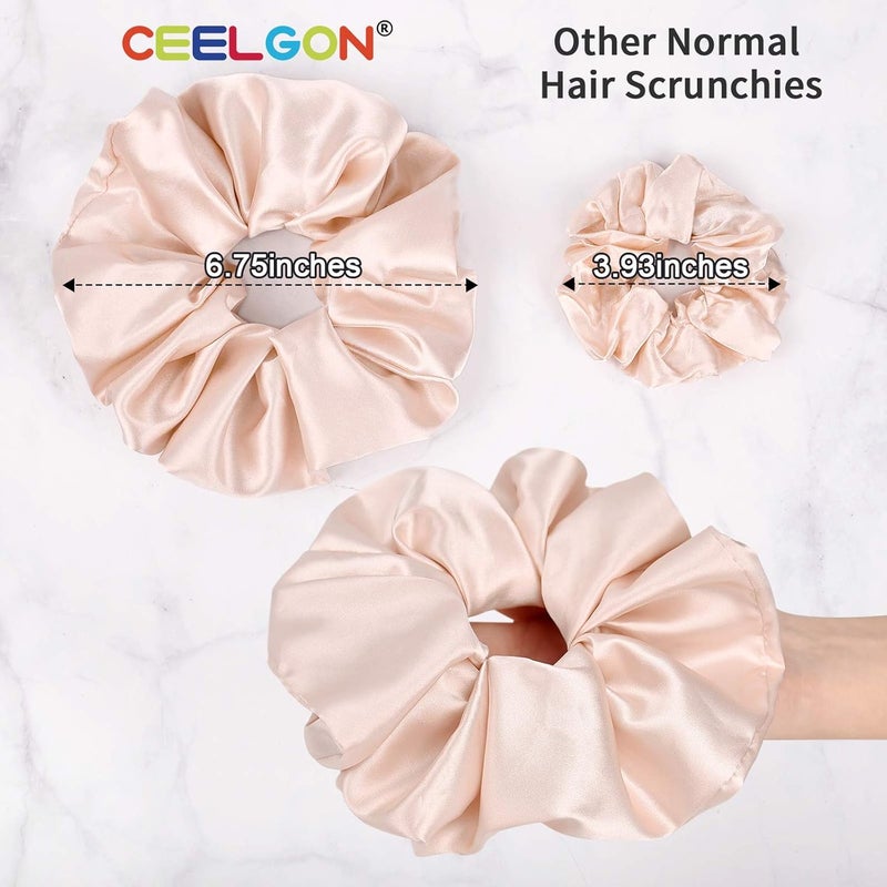 CEELGON Big Real Silk Scrunchies for Hair Satin Oversized for Sleep Large Scrunchie for Curly Hair Silk Thick Elastic Hair Ties Jumbo Hair Scrunchies 6 Pack (black, champagne, pink,khaki, blue, shell - Image 2