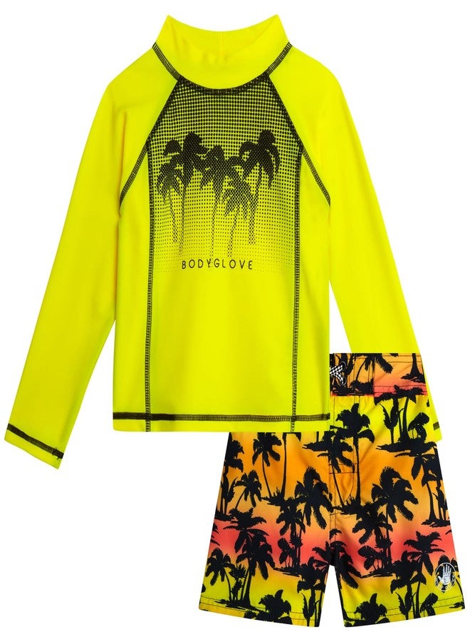 Body Glove Toddler Boys Swim Set - 2 Piece UPF 50+ Quick Dry Swim Trunks and Rash Guard for Boys Kids Swimwear (Sizes: 2T-4T), Size 4T, Neon Yellow Palm Trees - Image 1
