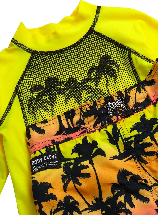 Body Glove Toddler Boys Swim Set - 2 Piece UPF 50+ Quick Dry Swim Trunks and Rash Guard for Boys Kids Swimwear (Sizes: 2T-4T), Size 4T, Neon Yellow Palm Trees - Image 3