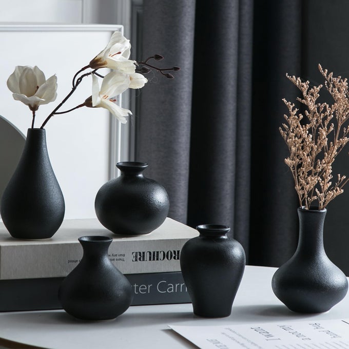 SMALL BLACK VASES CERAMIC BUD VASE SET OF 5 MINI POTTERY VASES FOR PAMPAS GRASS FLOWERS DECORATIVE VASES FOR HOME MODERN DECOR RUSTIC DECOR VESES FOR LIVING ROOM DINING TABLE SHELVES