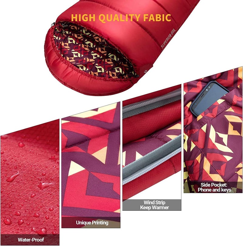 KingCamp كيس نوم للبالغين من كينغ كامب للطقس البارد مع تقنية مقاومة للعوامل الجوية، غطاء قابل للسحب، وحقيبة ضغط للتخييم والمشي لمسافات طويلة حتى 30 درجة، أحمر - Image 4