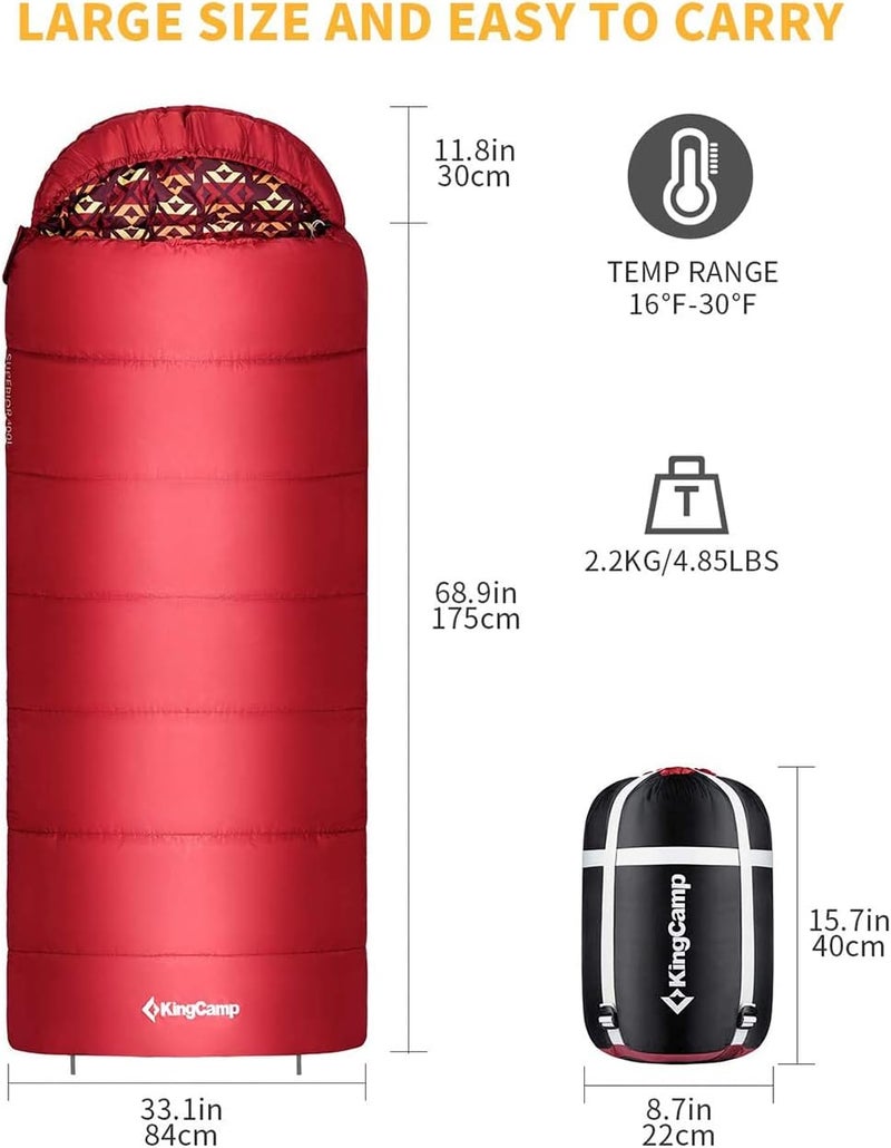 KingCamp كيس نوم للبالغين من كينغ كامب للطقس البارد مع تقنية مقاومة للعوامل الجوية، غطاء قابل للسحب، وحقيبة ضغط للتخييم والمشي لمسافات طويلة حتى 30 درجة، أحمر - Image 5