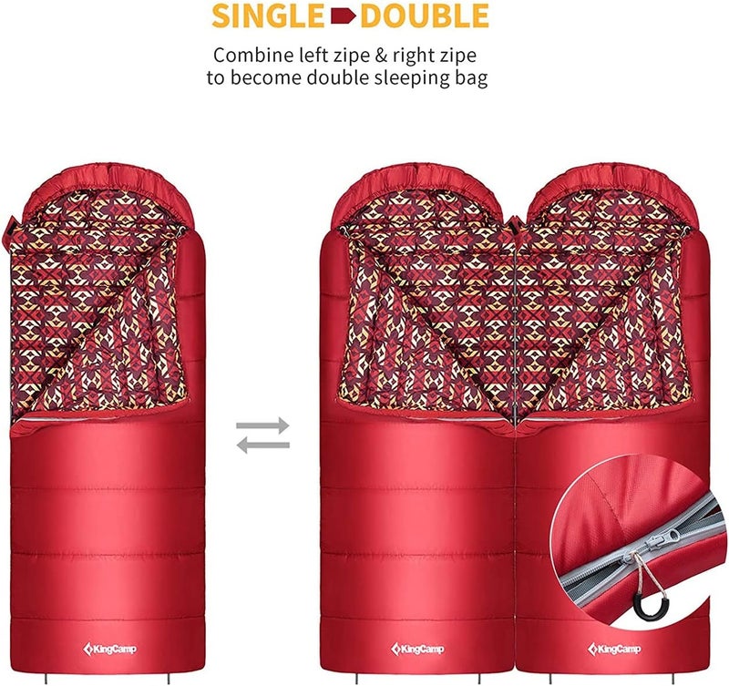KingCamp كيس نوم للبالغين من كينغ كامب للطقس البارد مع تقنية مقاومة للعوامل الجوية، غطاء قابل للسحب، وحقيبة ضغط للتخييم والمشي لمسافات طويلة حتى 30 درجة، أحمر - Image 3