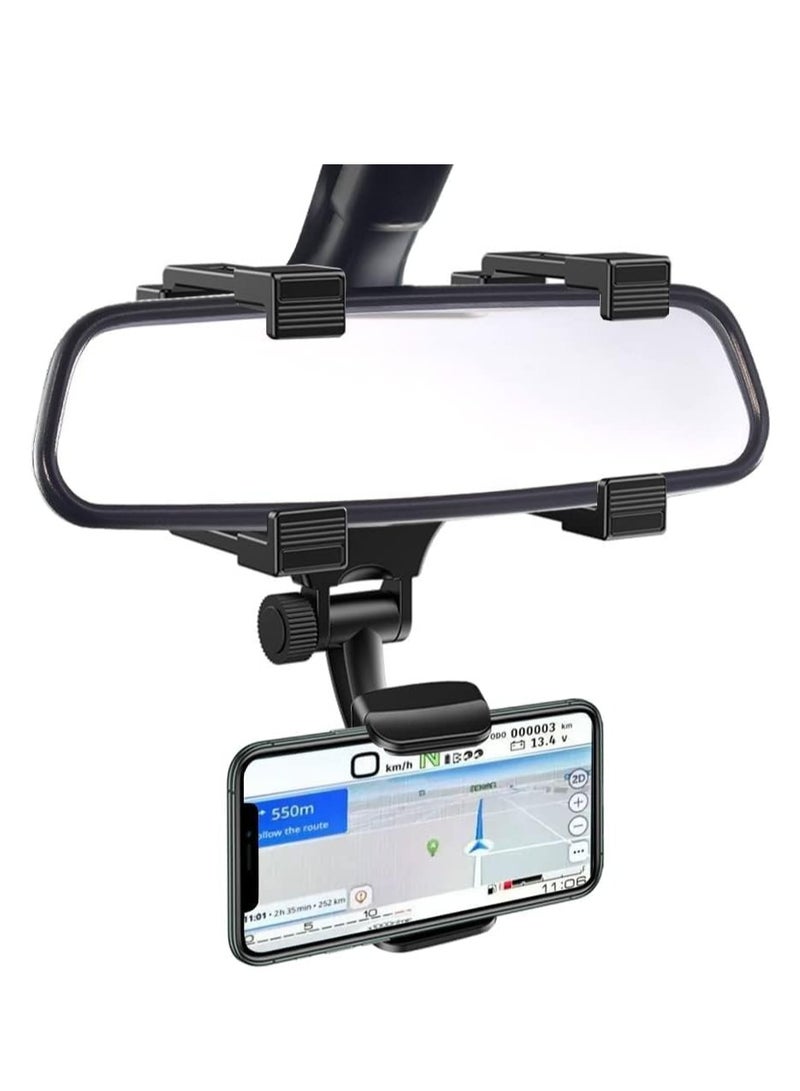 حامل هاتف مرآة السيارة، حامل هاتف السيارة، قاعدة هاتف مع دوران 360° ومشابك قابلة للتعديل، مهد هاتف ذكي عالمي، أسود - Image 1