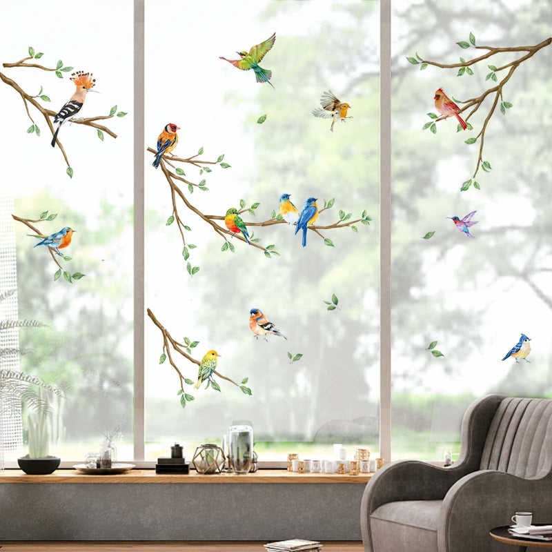 Decalmile Tree Branch Double Sided Hummingbird & Bird Window Clings - Anti-Collision Glass Stickers - Image 2