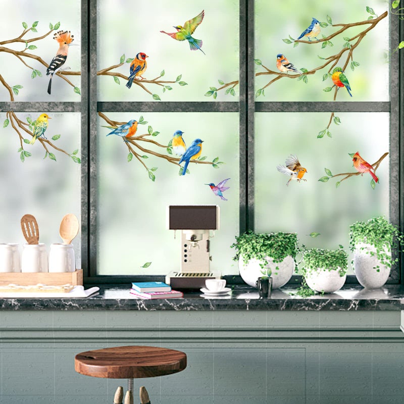 Decalmile Tree Branch Double Sided Hummingbird & Bird Window Clings - Anti-Collision Glass Stickers - Image 1