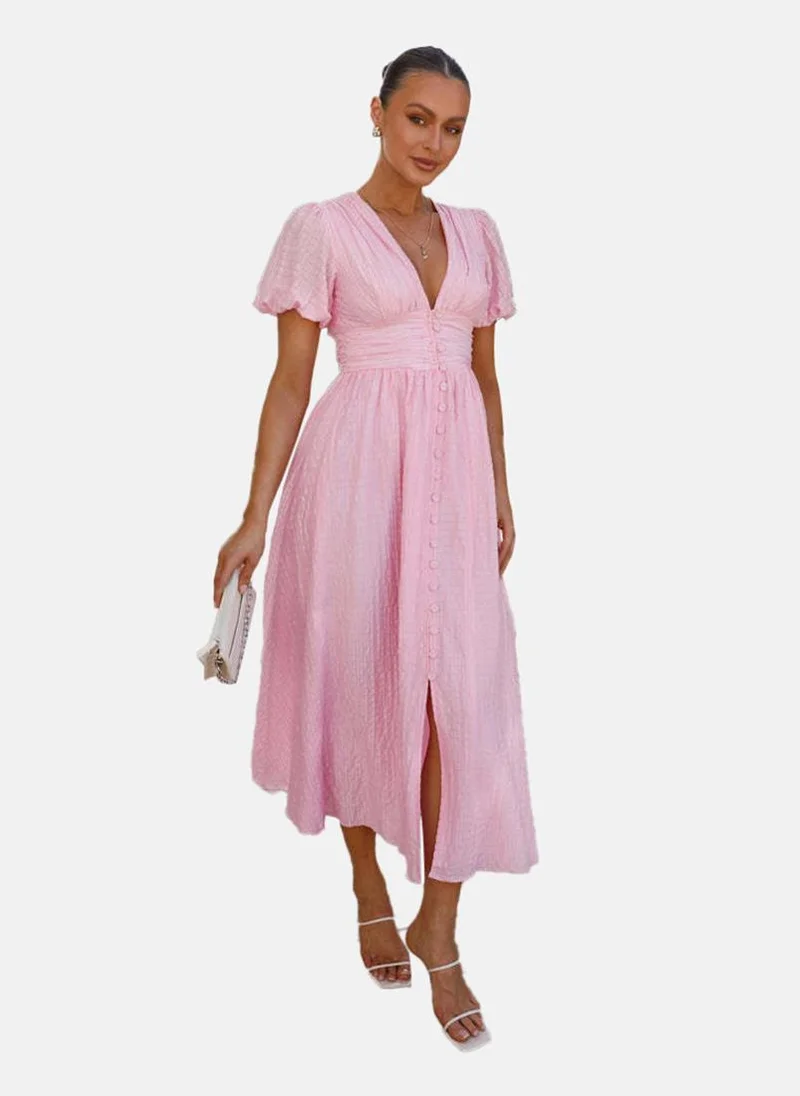 YUNIQEE Pink Fit & Flare V Neck Solid Dress
