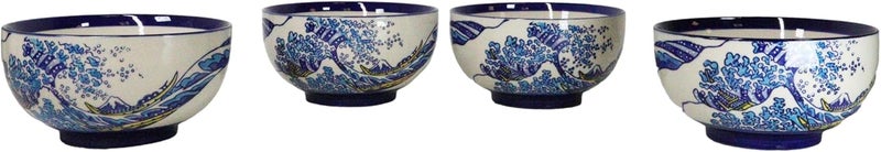 Ebros Gift Pack Of 4 Restaurant Grade Blue Japanese Hokusai Great Wave Design Ceramic Thick Double Wall Medium Rice Or Noodle Bowls 22oz 625 D Kitchen Essentials Cereal Soup Appetizer Dessert Bowl - Image 2