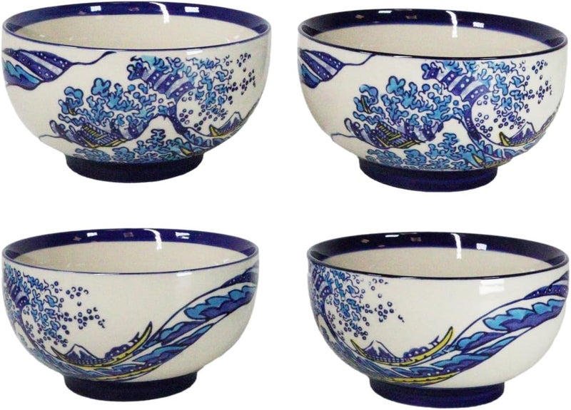 Ebros Gift Pack Of 4 Restaurant Grade Blue Japanese Hokusai Great Wave Design Ceramic Thick Double Wall Medium Rice Or Noodle Bowls 22oz 625 D Kitchen Essentials Cereal Soup Appetizer Dessert Bowl - Image 1