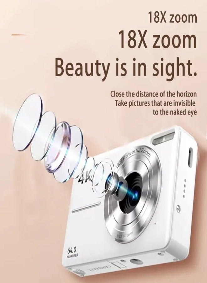 Generic 4K digital camera. cameras digital with 64GB card. 18X zoom digital camera. 4k Kids Camera 64MP Point and Shoot. Small, portable digital camera. camera for kids and adults, suitable for travel. White.  - Image 2
