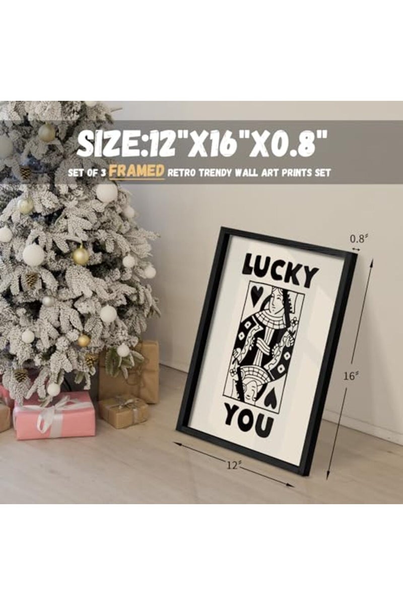 Heiple Framed Set of 3 Poker Wall Art Lucky You Poster, Trendy Retro Print Wall Decor for Queen of Hearts Wall Art Rustic Vintage Farmhouse Home Wall Decor（Black 12"x16"） - Image 2