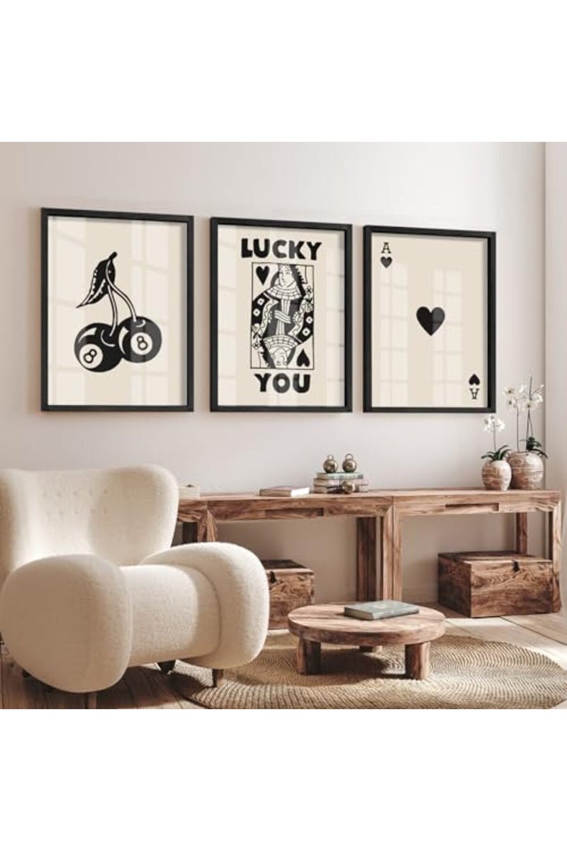 Heiple Framed Set of 3 Poker Wall Art Lucky You Poster, Trendy Retro Print Wall Decor for Queen of Hearts Wall Art Rustic Vintage Farmhouse Home Wall Decor（Black 12"x16"） - Image 4