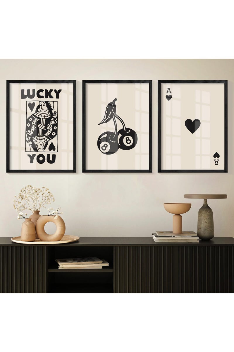 Heiple Framed Set of 3 Poker Wall Art Lucky You Poster, Trendy Retro Print Wall Decor for Queen of Hearts Wall Art Rustic Vintage Farmhouse Home Wall Decor（Black 12"x16"） - Image 1