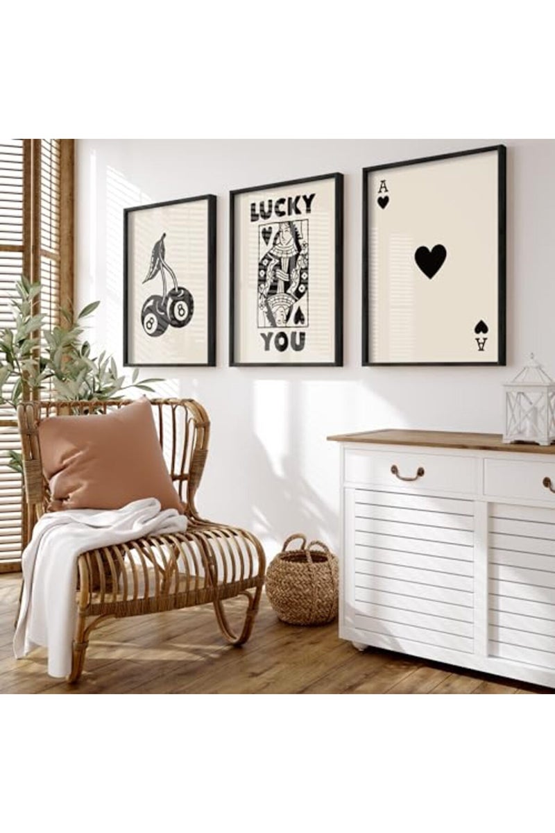 Heiple Framed Set of 3 Poker Wall Art Lucky You Poster, Trendy Retro Print Wall Decor for Queen of Hearts Wall Art Rustic Vintage Farmhouse Home Wall Decor（Black 12"x16"） - Image 3