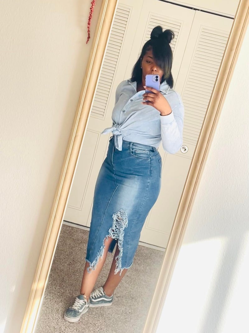 CaniBtr Midi Jean Skirt for Women Ripped Long Denim Skirts with Slit Pockets High Waisted Stretch Frayed Raw Hem Blue XL - Image 5