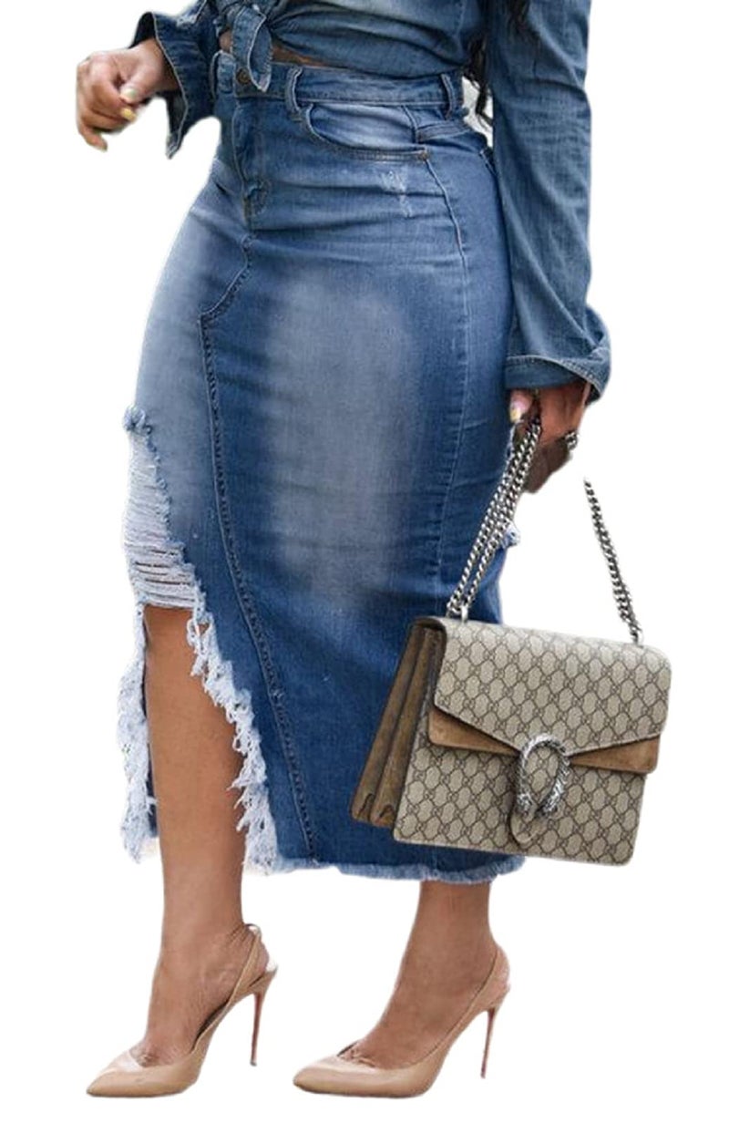 CaniBtr Midi Jean Skirt for Women Ripped Long Denim Skirts with Slit Pockets High Waisted Stretch Frayed Raw Hem Blue XL - Image 1