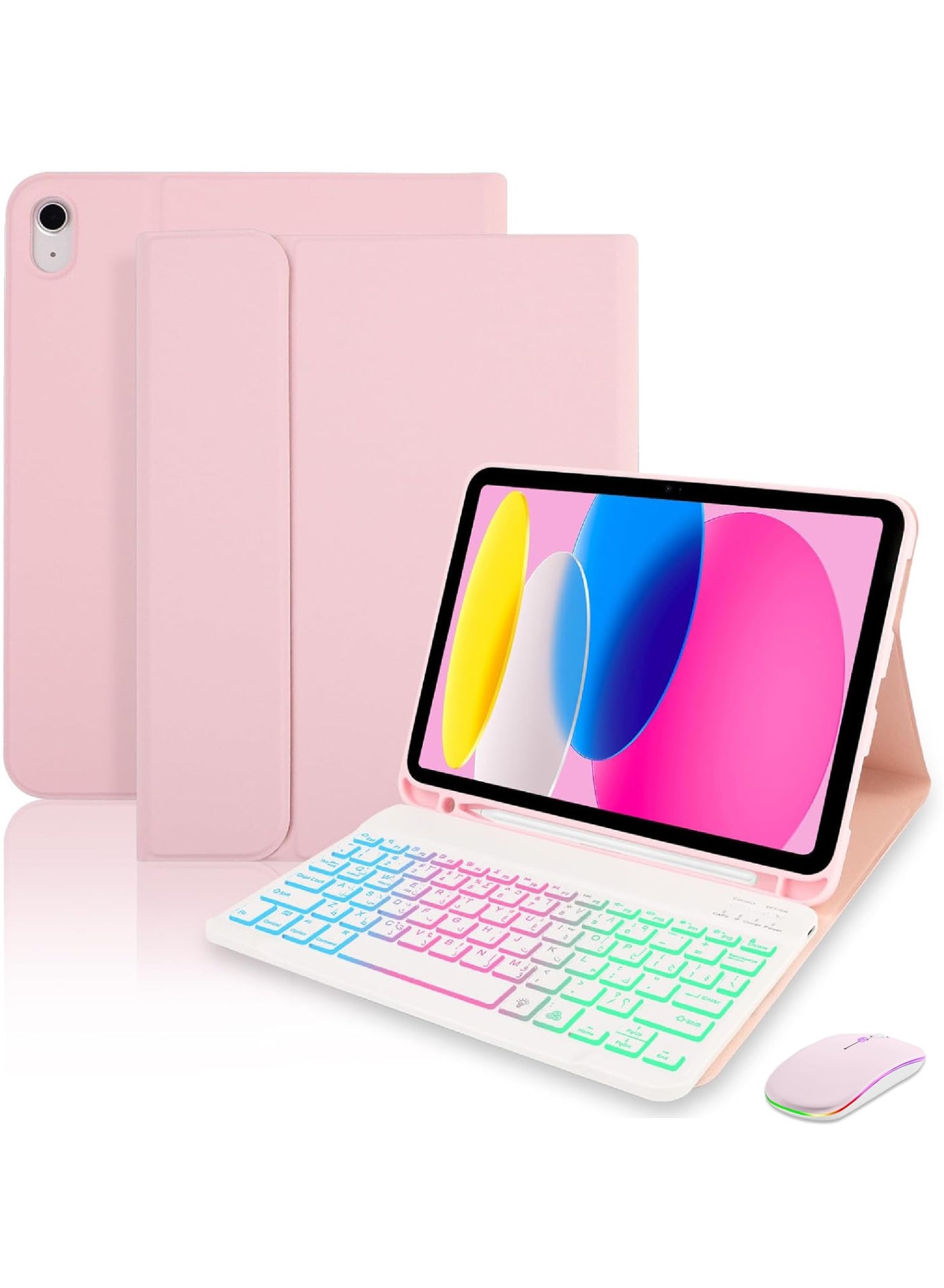 Rock Pow 3in1 Combo Case with Arabic Keyboard Mouse Case for iPad (A16) 11th 11 inch 2025/10th 10.9 inch (2022) with Pencil Holder,7 Color Rainbow Backlit Detachable Keyboard with Type-C Charging Magnetic Cover for iPad 11th 11 inch/iPad 10th 10.9 inch Case Combo with Keyboard and Mice