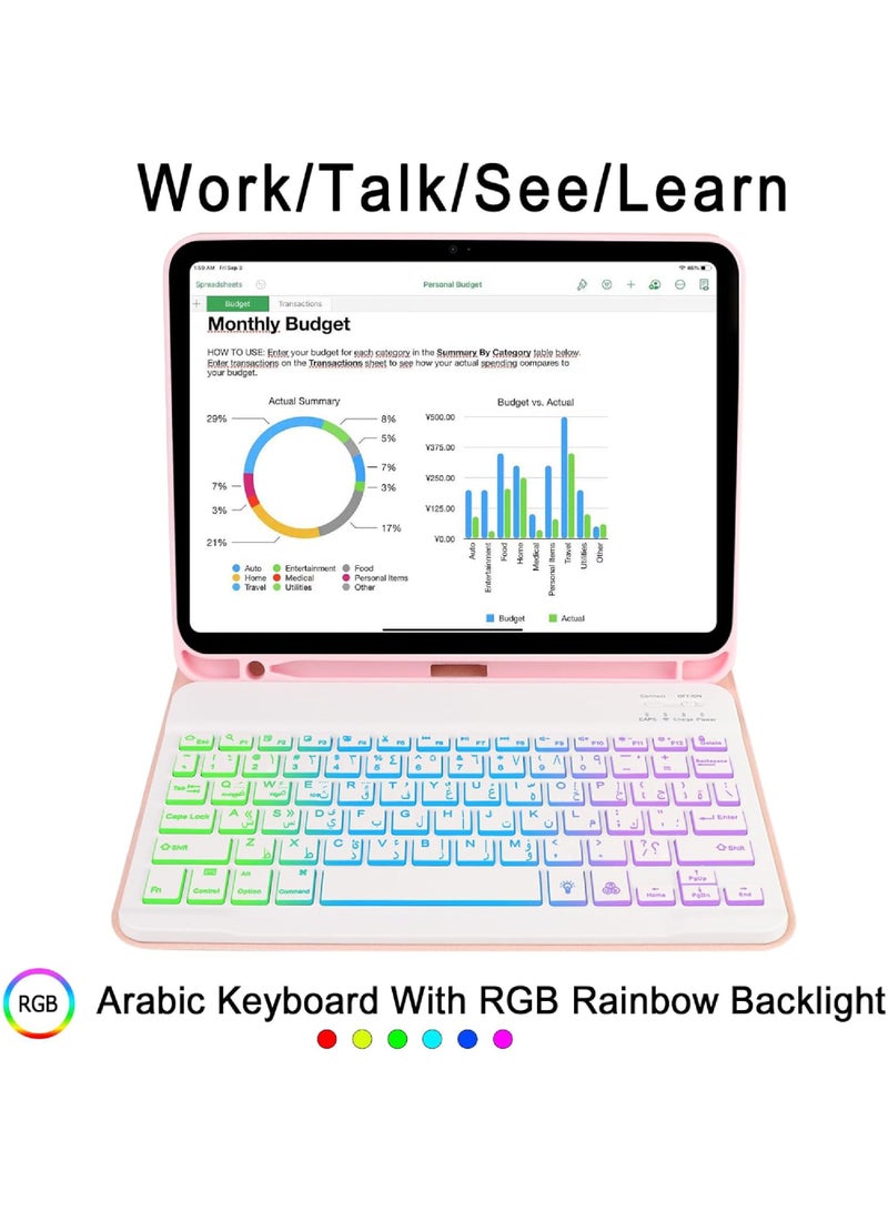 Rock Pow 3in1 Combo Case with Arabic Keyboard Mouse Case for iPad (A16) 11th 11 inch 2025/10th 10.9 inch (2022) with Pencil Holder,7 Color Rainbow Backlit Detachable Keyboard with Type-C Charging Magnetic Cover for iPad 11th 11 inch/iPad 10th 10.9 inch Case Combo with Keyboard and Mice - Image 3