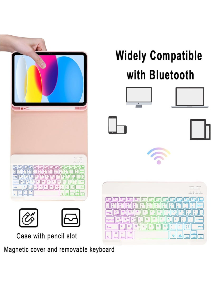 Rock Pow 3in1 Combo Case with Arabic Keyboard Mouse Case for iPad (A16) 11th 11 inch 2025/10th 10.9 inch (2022) with Pencil Holder,7 Color Rainbow Backlit Detachable Keyboard with Type-C Charging Magnetic Cover for iPad 11th 11 inch/iPad 10th 10.9 inch Case Combo with Keyboard and Mice - Image 5
