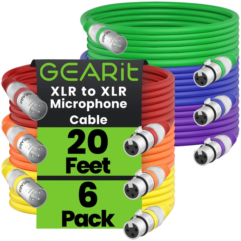 GearIT XLR to XLR Microphone Cable (20 Feet, 6 Pack) XLR Male to Female Mic Cable 3-Pin Balanced Shielded XLR Cable for Mic Mixer, Recording Studio, Podcast - Multi Colored, 20Ft, 6 Pack - Image 1