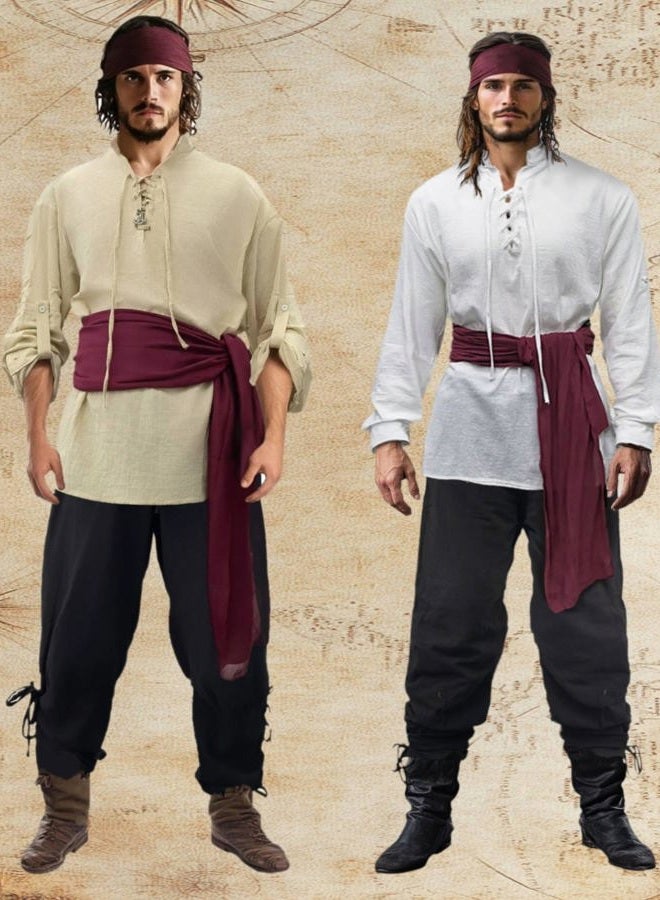 Verceco Mens Pirate Costume Outfit Renaissance Costume Men Medieval Outfit With Pirate Pants Shirts Sash Accessories Khaki Medium - Image 5