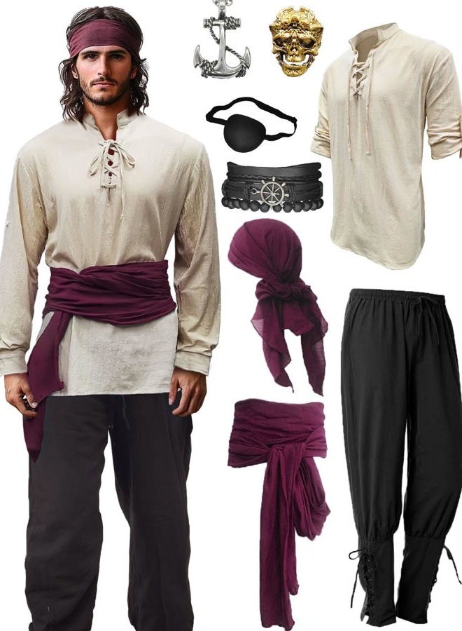 Verceco Mens Pirate Costume Outfit Renaissance Costume Men Medieval Outfit With Pirate Pants Shirts Sash Accessories Khaki Medium - Image 1