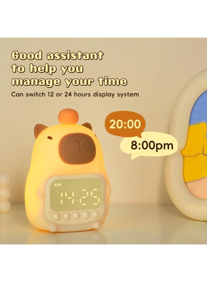 ساعة منبه على شكل حيوان الكابيبارا مع ضوء ليلي للأطفال،7 ساعات منبه لطيفة بألوان لغرف النوم، مصباح طاولة على شكل حيوان من السيليكون - Image 4