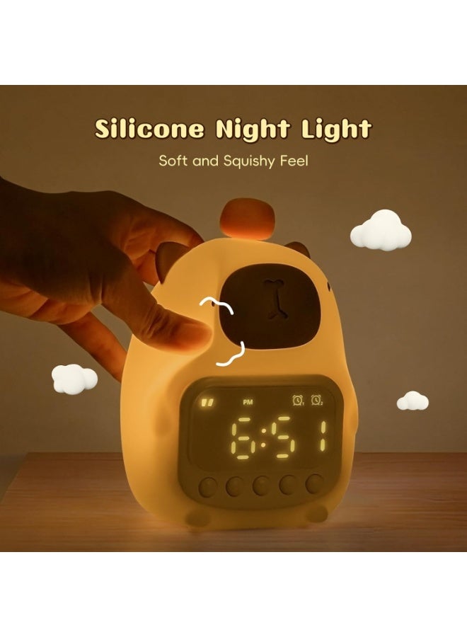 ساعة منبه على شكل حيوان الكابيبارا مع ضوء ليلي للأطفال،7 ساعات منبه لطيفة بألوان لغرف النوم، مصباح طاولة على شكل حيوان من السيليكون - Image 2