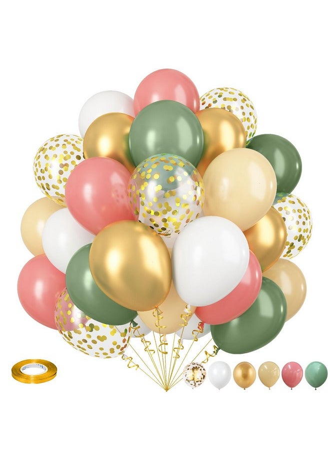 Isndare - Retro Green Pink Balloons, 35pcs Sage Green Dusty Pink Metallic Gold Latex Balloons Set, Olive Green Pink White Gold Confetti Balloons for Girls Jungle Birthday Baby Shower Wedding Party Decoration - Image 1