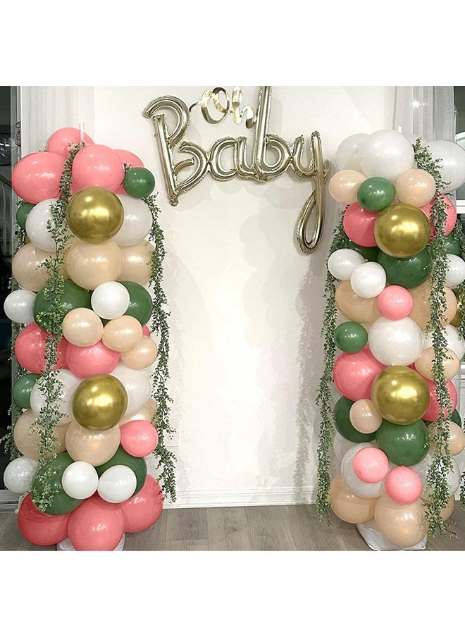 Isndare - Retro Green Pink Balloons, 35pcs Sage Green Dusty Pink Metallic Gold Latex Balloons Set, Olive Green Pink White Gold Confetti Balloons for Girls Jungle Birthday Baby Shower Wedding Party Decoration - Image 1