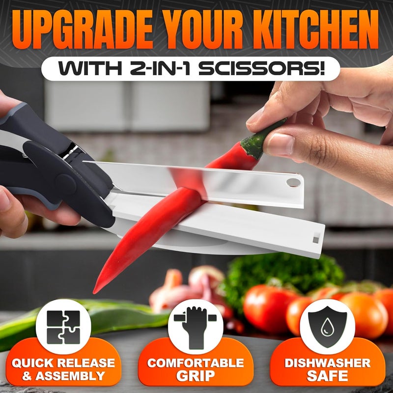 V TOWER Cutting Board Scissors - 2 In 1 Stainless Steel Vegetable Scissors Cutting Board Knife, Dishwasher Safe, Safety Lock, Rust Resistant - Sharp Kitchen Scissors for Vegetables & Fruits - Image 4