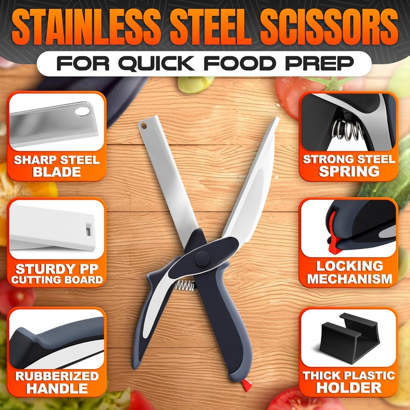 V TOWER Cutting Board Scissors - 2 In 1 Stainless Steel Vegetable Scissors Cutting Board Knife, Dishwasher Safe, Safety Lock, Rust Resistant - Sharp Kitchen Scissors for Vegetables & Fruits - Image 3