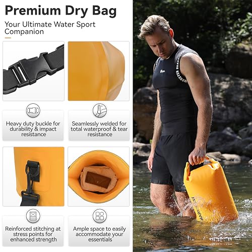 MARCHWAY Floating Waterproof Dry Bag Backpack 5L10L20L30L40L Roll Top Sack Keeps Gear Dry for Kayaking Rafting Boating Swimming Camping Hiking Beach Fishing Deep Yellow 5L - Image 3