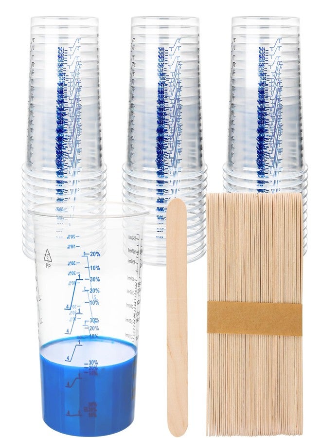 Tinsky 50 PACK Plastic Paint Mixing Cups, 20 oz (600ml) Disposable Liquid Measuring Cups with 50 Wooden Mixing Sticks, Measurement ratios: 2:1, 3:1, 4:1, Perfect for Epoxy Resin, Paint Mixing - Image 1