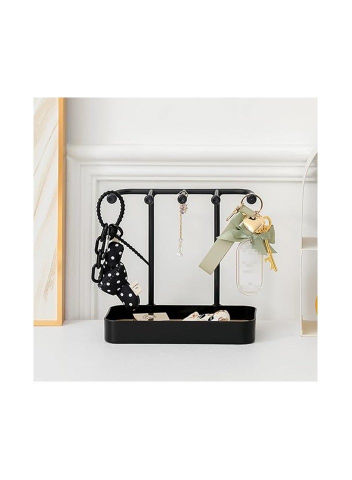 Black Desktop Jewelry Organizer Stand Earring Holder Keychain Bracelet Holder with Wooden Tray 5 Hooks Necklaces Hanging for Necklaces,Bracelets,Chains,Rings,Earrings,Keys  - Image 2