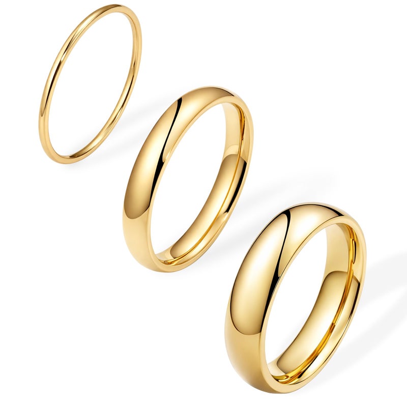 Poxtex Size 5 Gold Promise Engagement Wedding Band Rings for Women, Non Tarnish 14K Gold Plated Anillos for Stacking, Thin Dome Bands Set Comfort Fit 3Pcs 1mm 3mm 5mm - Image 1