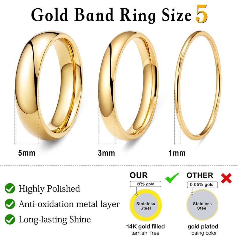 Poxtex Size 5 Gold Promise Engagement Wedding Band Rings for Women, Non Tarnish 14K Gold Plated Anillos for Stacking, Thin Dome Bands Set Comfort Fit 3Pcs 1mm 3mm 5mm - Image 5