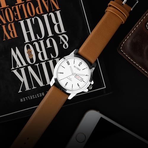 Matrix Hype Collection Day & Date Analogue Wrist Watch with Leather Strap for Men & Boys (White) - Image 2