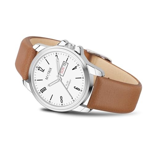 Matrix Hype Collection Day & Date Analogue Wrist Watch with Leather Strap for Men & Boys (White) - Image 4