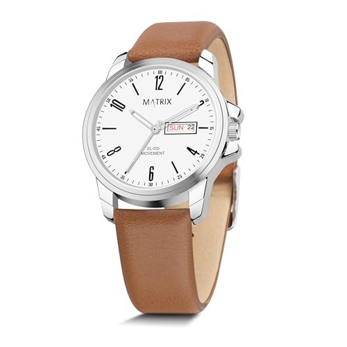 Matrix Hype Collection Day & Date Analogue Wrist Watch with Leather Strap for Men & Boys (White) - Image 1