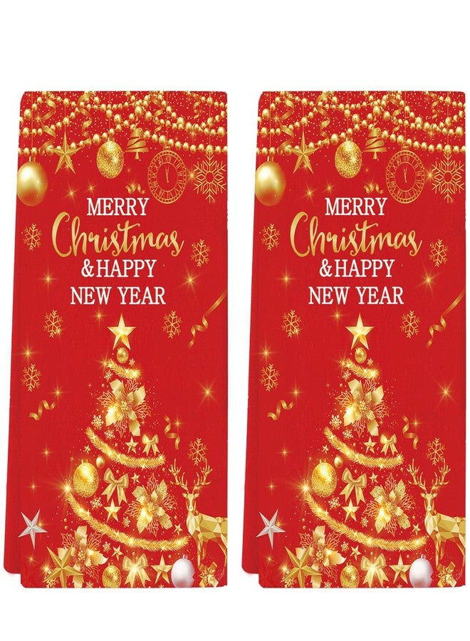 GOLDCROW 2Pc Red Gold Merry Christmas Hand Towels Happy New Year Hand Towels with Snowflake Tree for Family Bathroom Home Hotel Gym Spa Yoga Kitchen Xmas Party New Year Decorations - Image 1