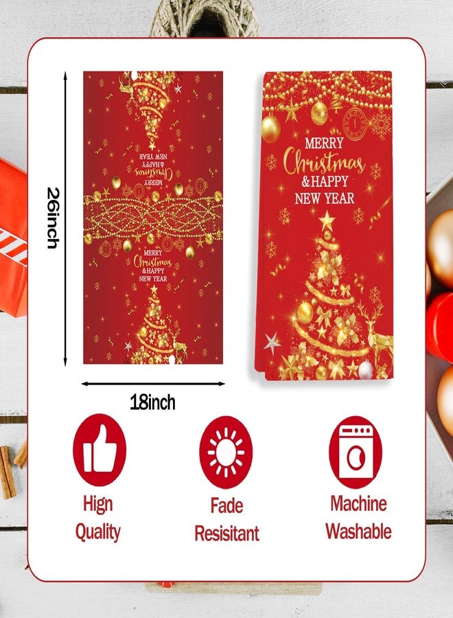 GOLDCROW 2Pc Red Gold Merry Christmas Hand Towels Happy New Year Hand Towels with Snowflake Tree for Family Bathroom Home Hotel Gym Spa Yoga Kitchen Xmas Party New Year Decorations - Image 3