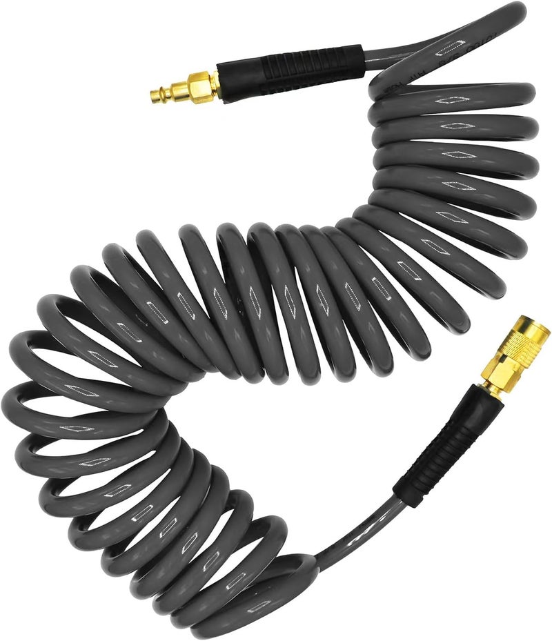 YOTOO Polyurethane Recoil Air Hose 3/8" Inner Diameter by 25' Long with Bend Restrictor and Quick Coupler, Gray - Image 1