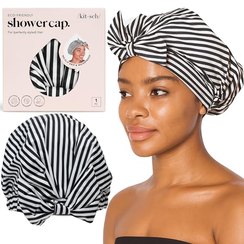 Kitsch Luxury Shower Caps for Women Reusable Waterproof Large Shower Cap for Women Nonslip Quickdry Hair Cap for Long and Short Hair Comfortable and Stylish Design Stripe - Image 1