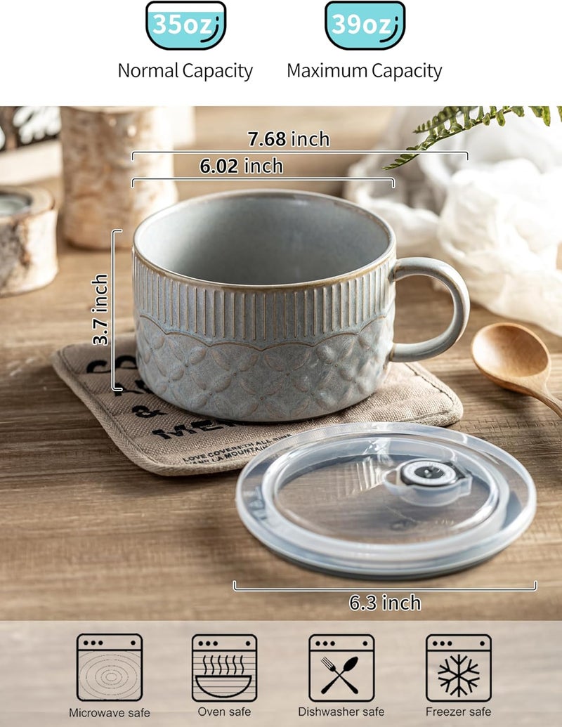 Gomakren Soup Bowl with Handle 39oz, Ramen Bowl with Lid, Ceramic Soup Container Mug Cup for Ramen Cereal Office Lunch Dorm, Microwave Safe, Gray - Image 2