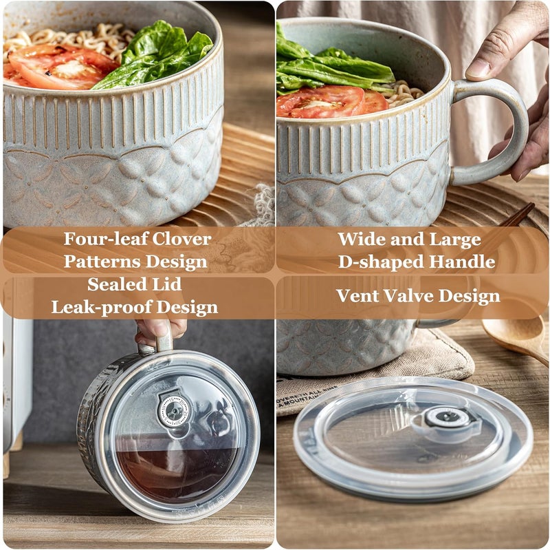 Gomakren Soup Bowl with Handle 39oz, Ramen Bowl with Lid, Ceramic Soup Container Mug Cup for Ramen Cereal Office Lunch Dorm, Microwave Safe, Gray - Image 4